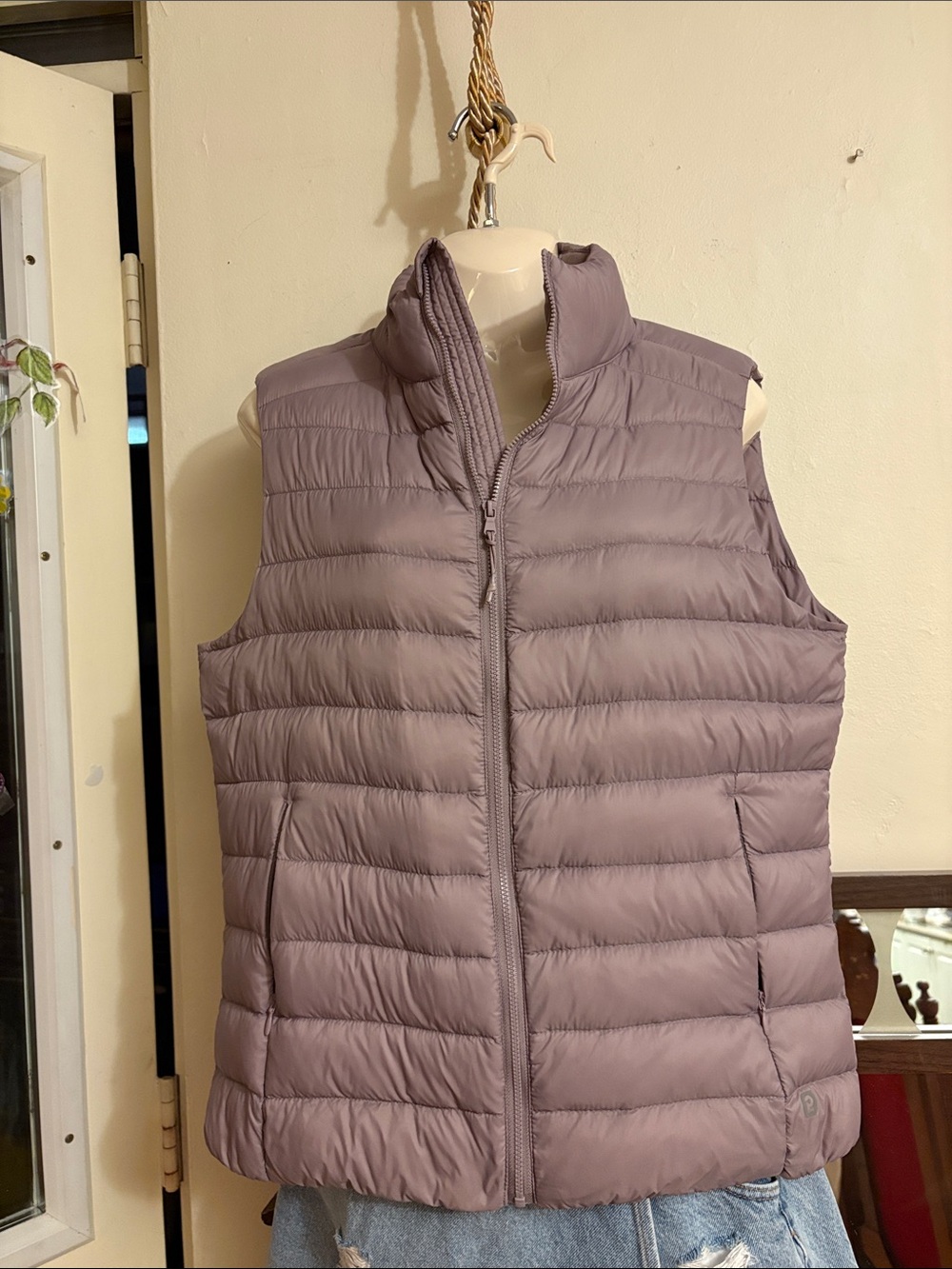 Light Mauve Women's Quilted Puffer Vest with High Collar DUVET. DOWN